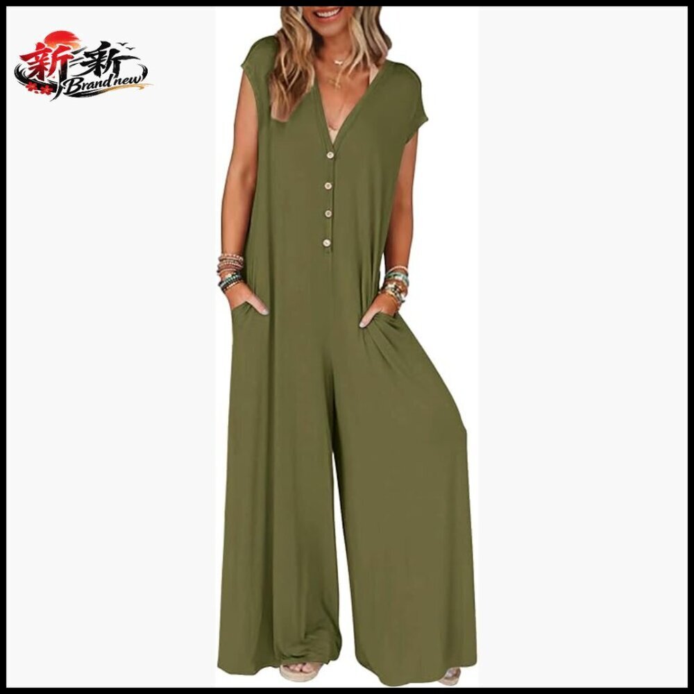 Polyester Spandex Jumpsuit Deep V Neck Button Front Wide Leg Pants